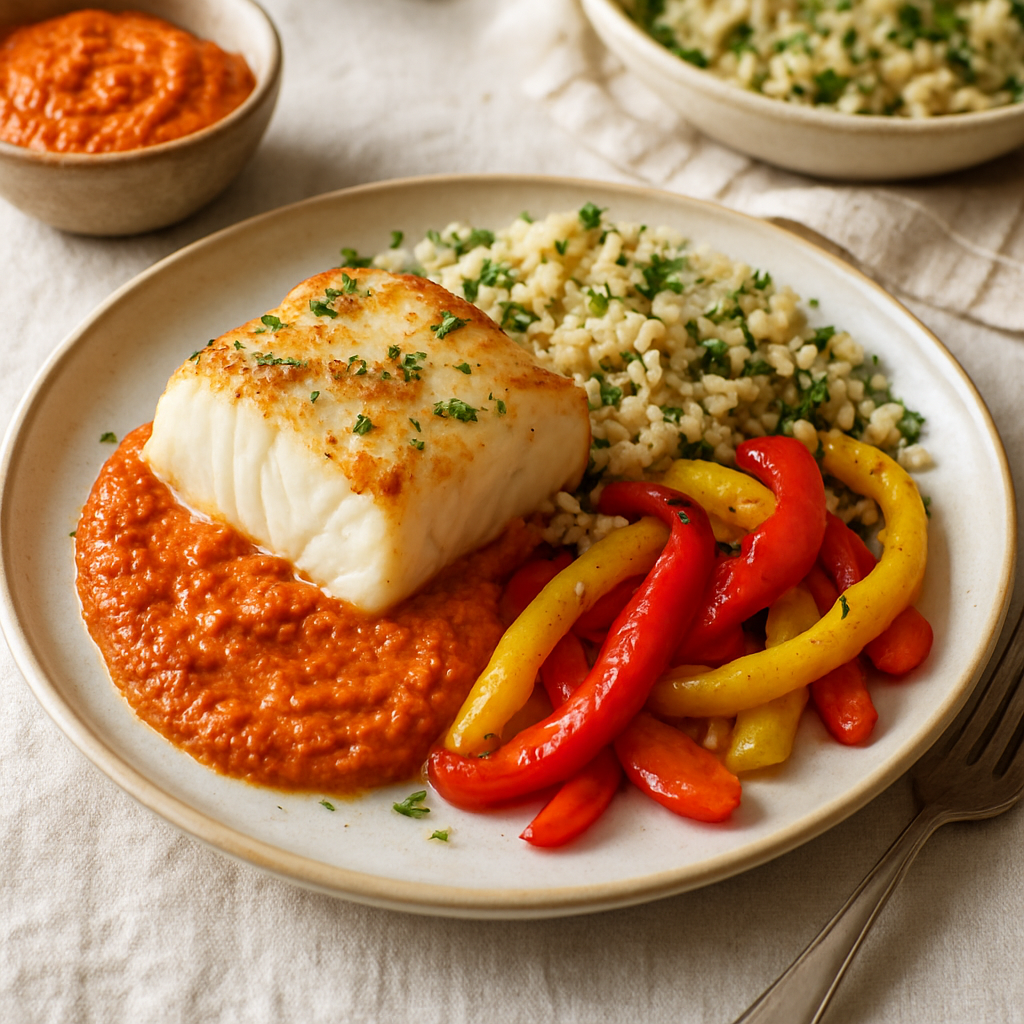 Baked Cod with Romesco Sauce, Roasted Peppers and Herbed Bulgur