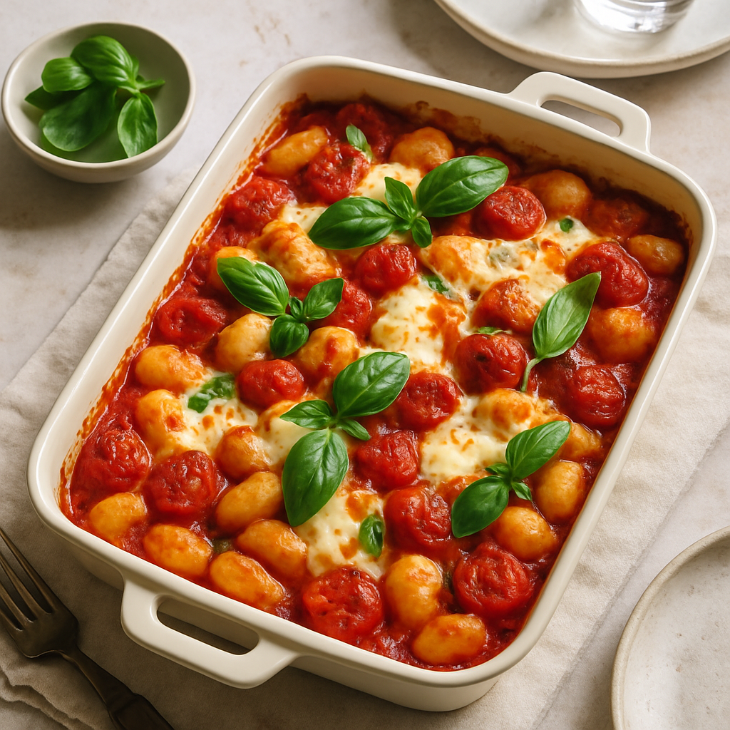 Baked Gnocchi with Roasted Tomatoes, Mozzarella and Basil