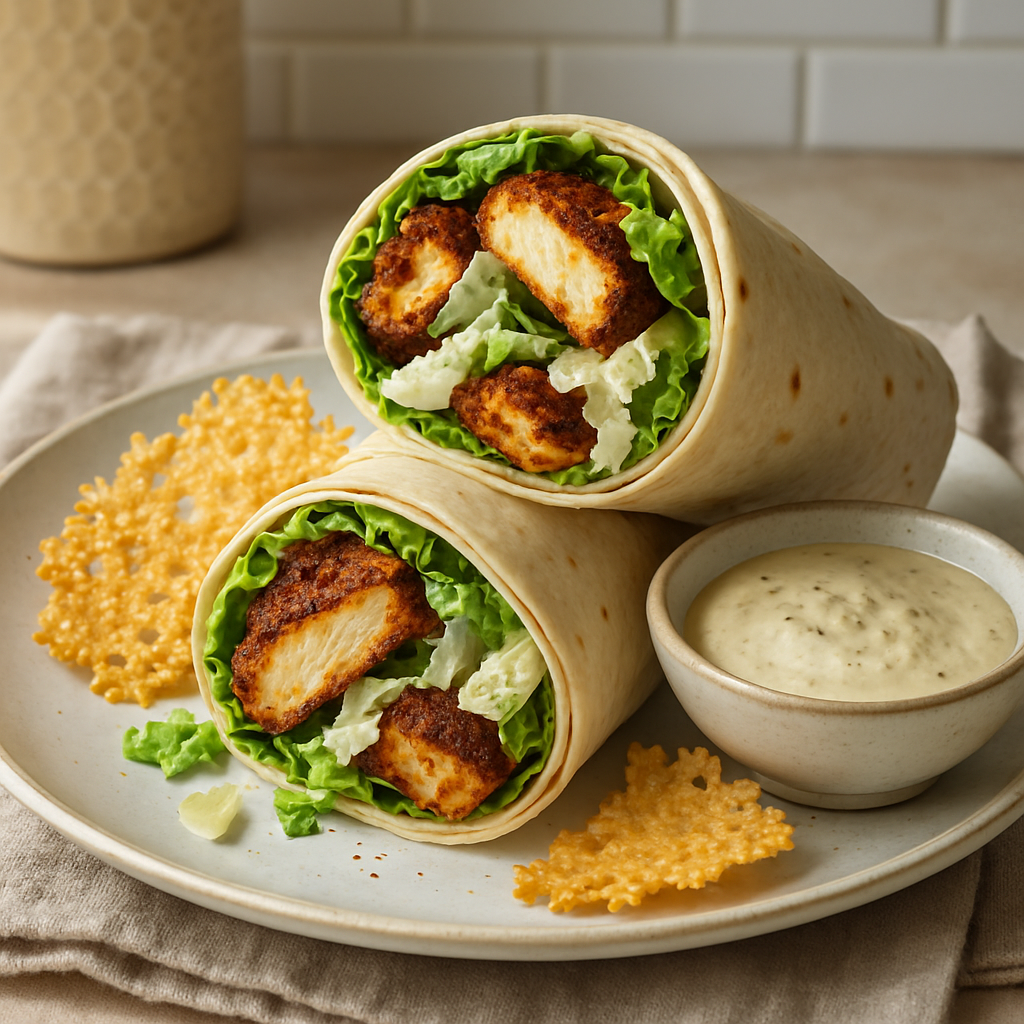 Blackened Chicken Caesar Wrap with Parmesan Crisp and Anchovy Dressing