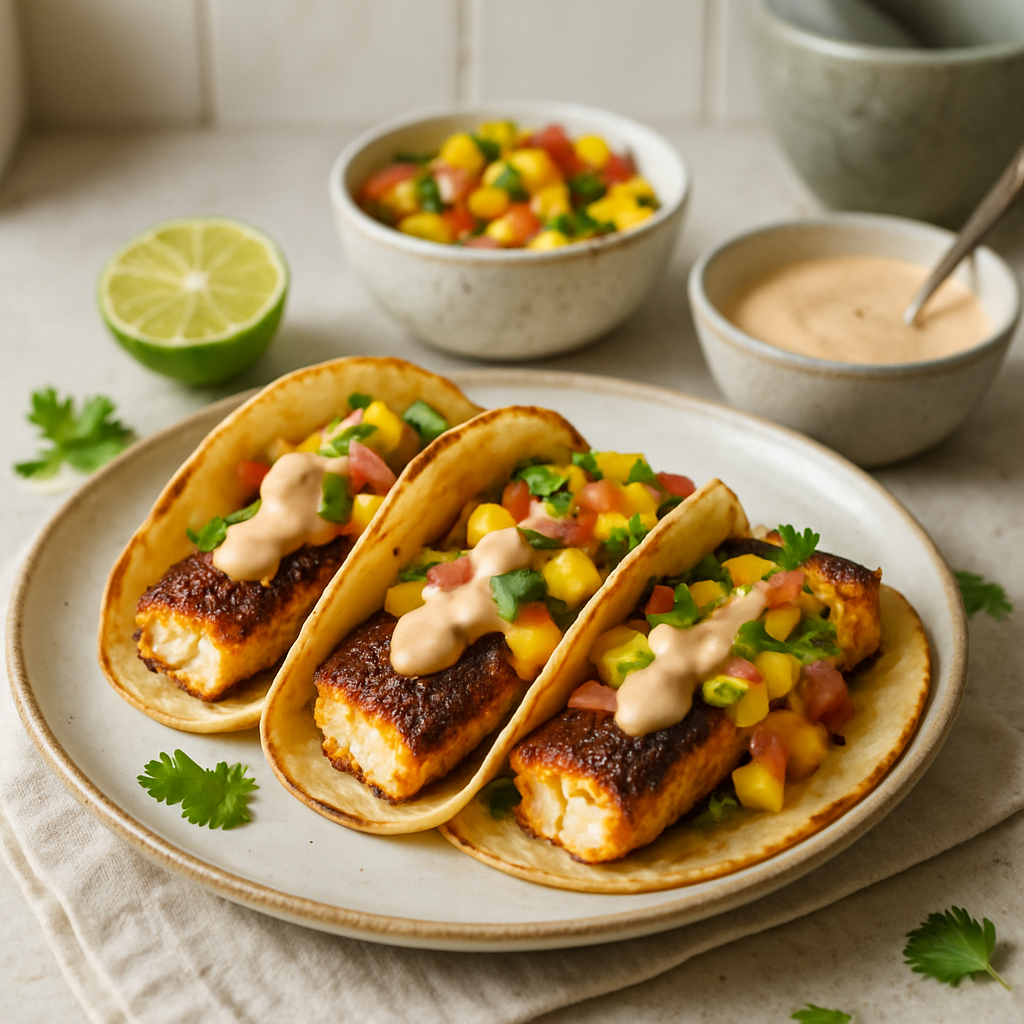 Blackened Cod Tacos with Mango Salsa and Chipotle Crema