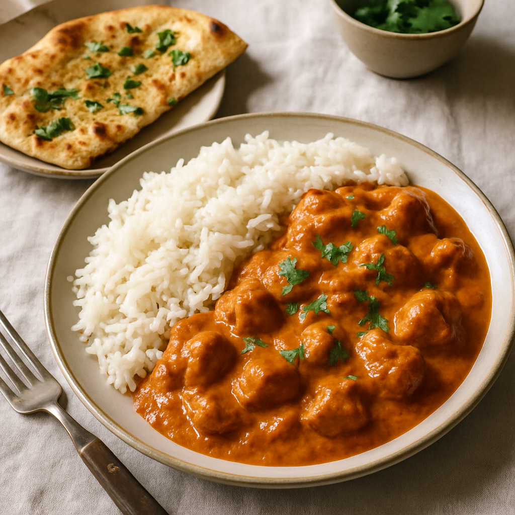 Butter Chicken with Basmati Rice and Garlic Naan