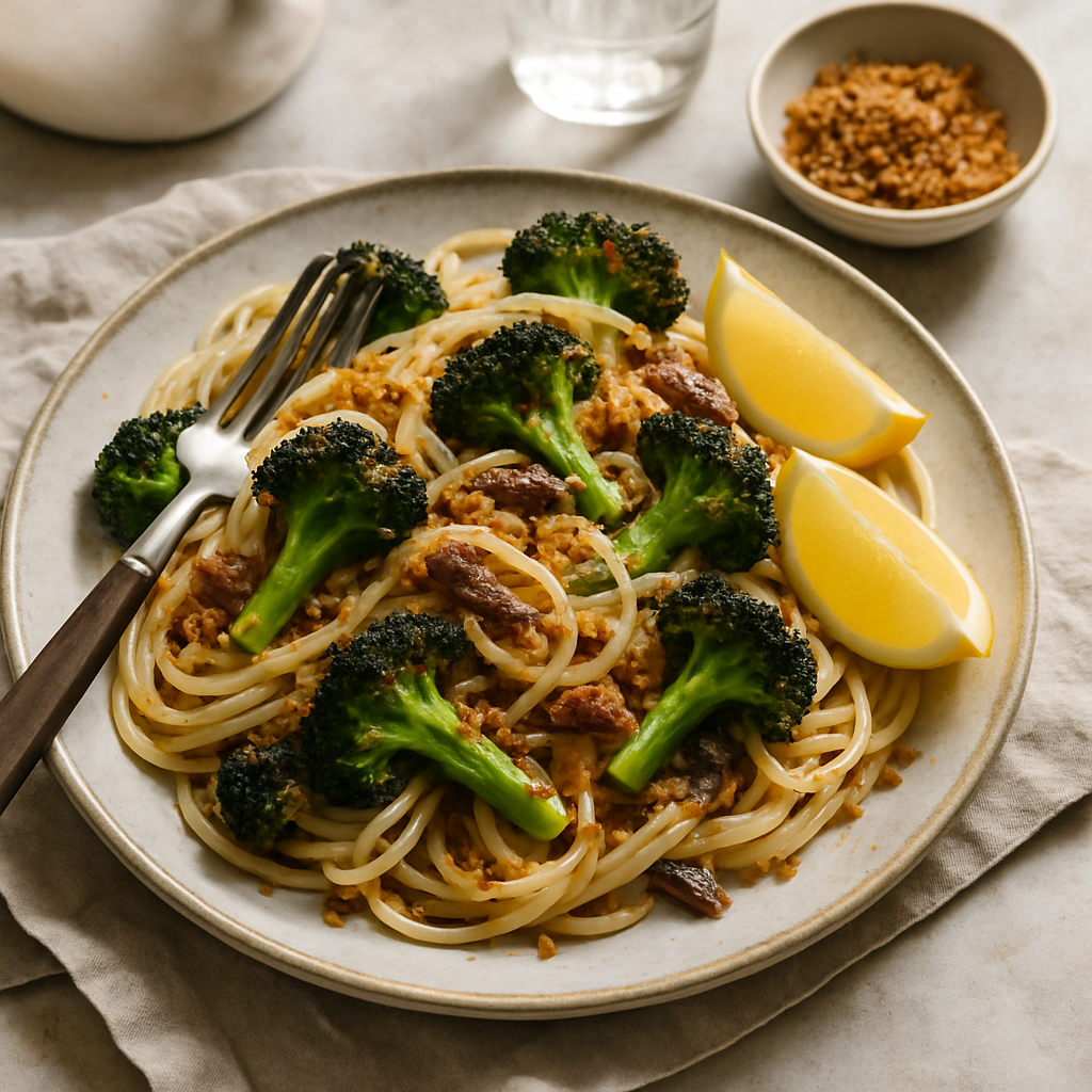 Charred Broccoli and Anchovy Pasta with Toasted Breadcrumbs and Lemon