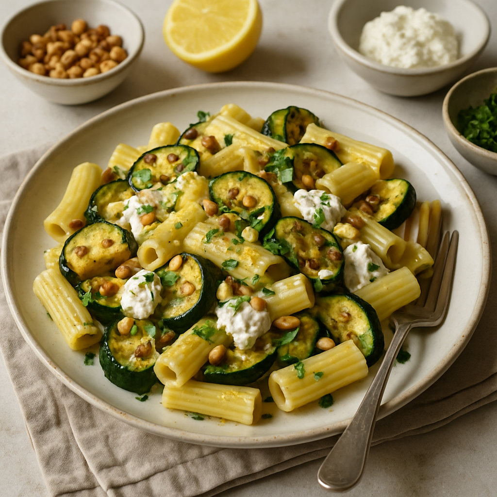 Charred Courgette and Ricotta Pasta with Lemon and Toasted Pine Nuts