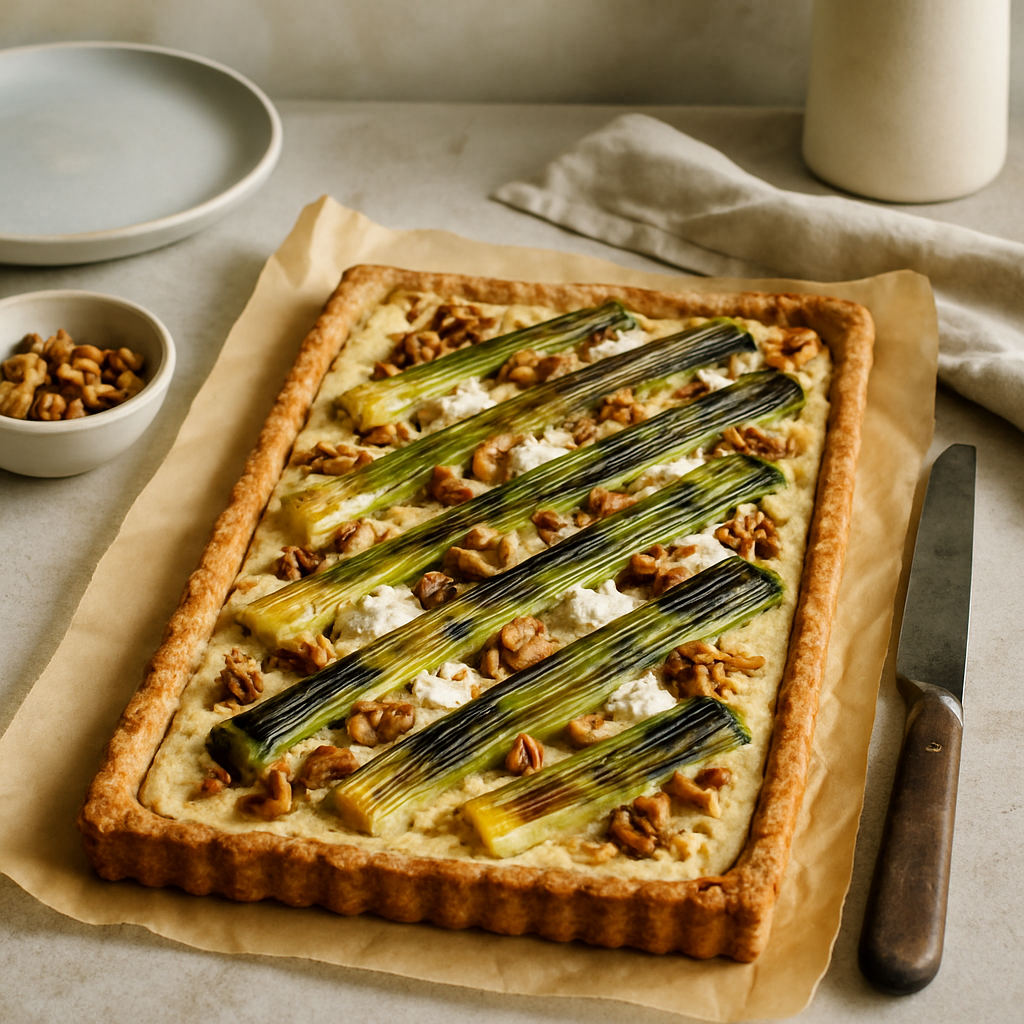 Charred Leek and Goat's Cheese Tart with Walnut Pastry