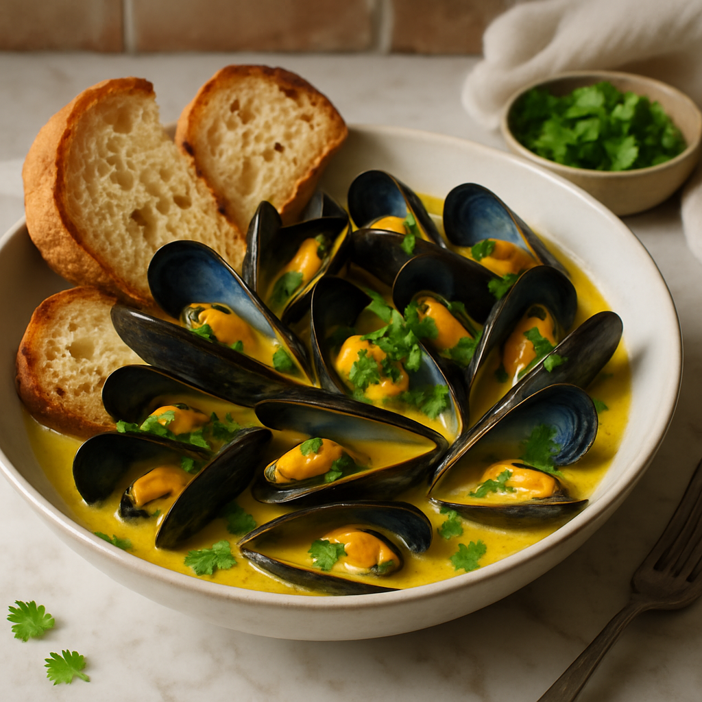 Coconut Curry Mussels with Crusty Bread and Fresh Coriander