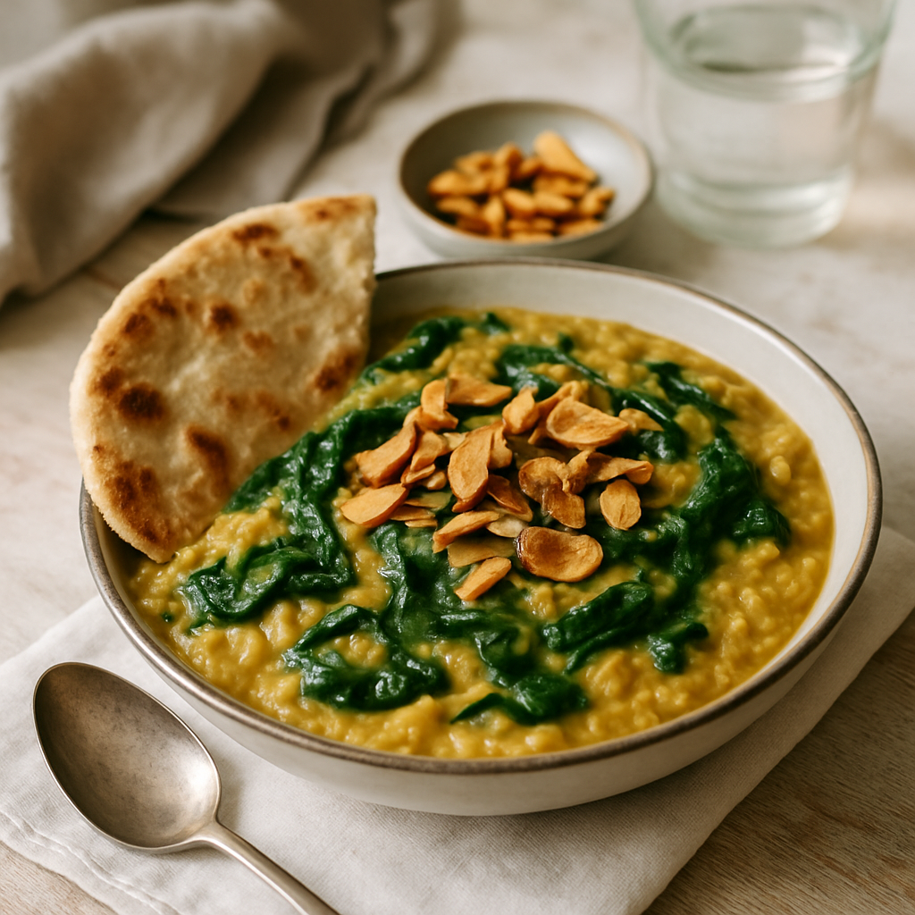 Coconut and Spinach Dahl with Crispy Garlic and Flatbread