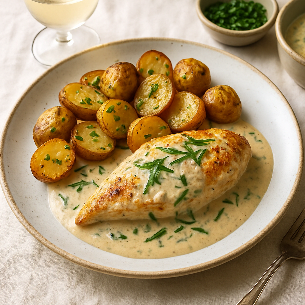 Creamy White Wine Chicken with Tarragon and Roasted New Potatoes