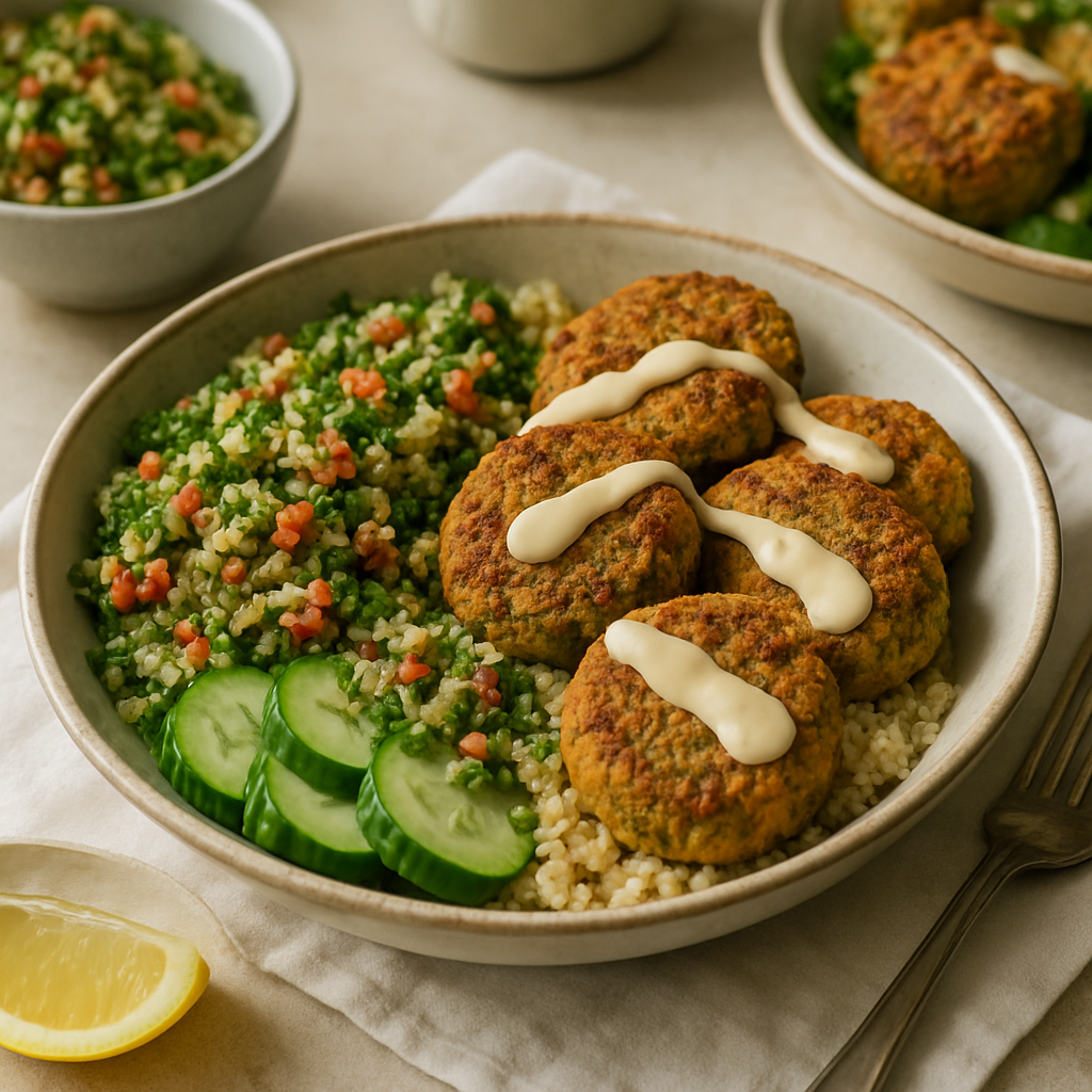 Crispy Baked Falafel Bowls with Tabbouleh and Tahini Dressing