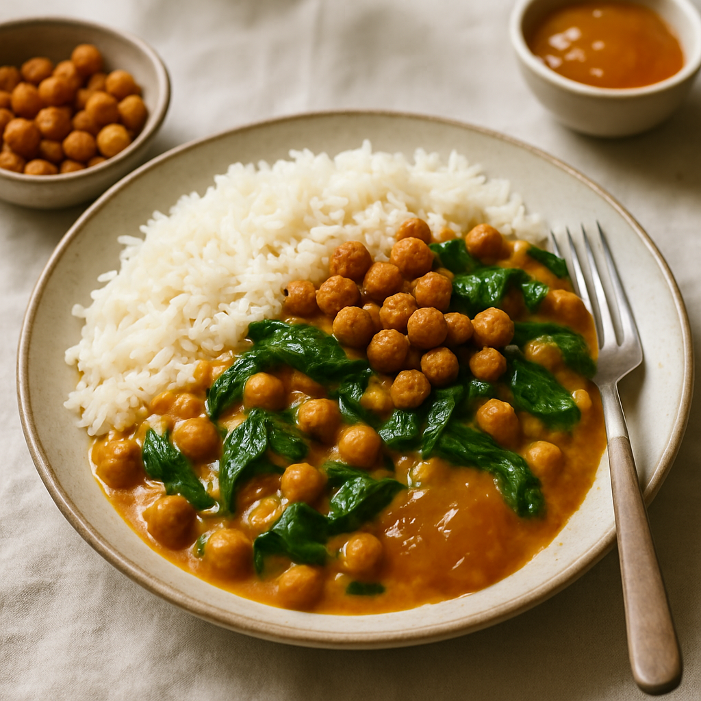 Crispy Chickpea and Spinach Curry with Basmati Rice and Mango Chutney