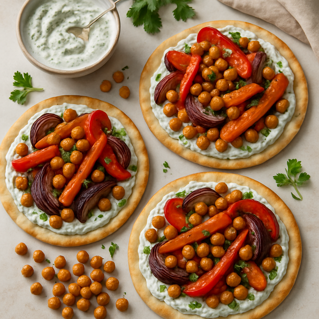 Crispy Chickpea and Roasted Vegetable Flatbreads with Herby Yoghurt