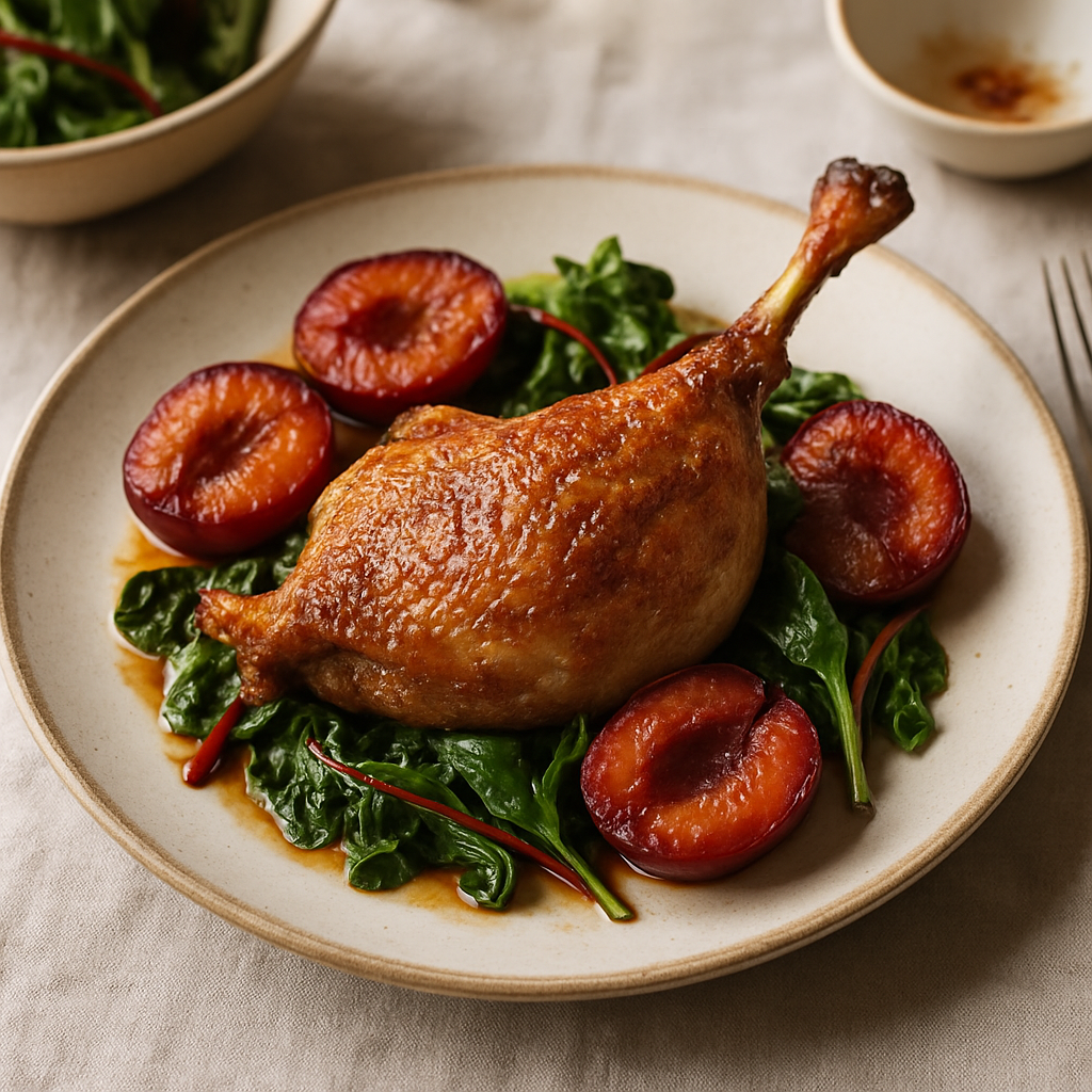 Crispy Duck Leg with Roasted Plums and Wilted Greens