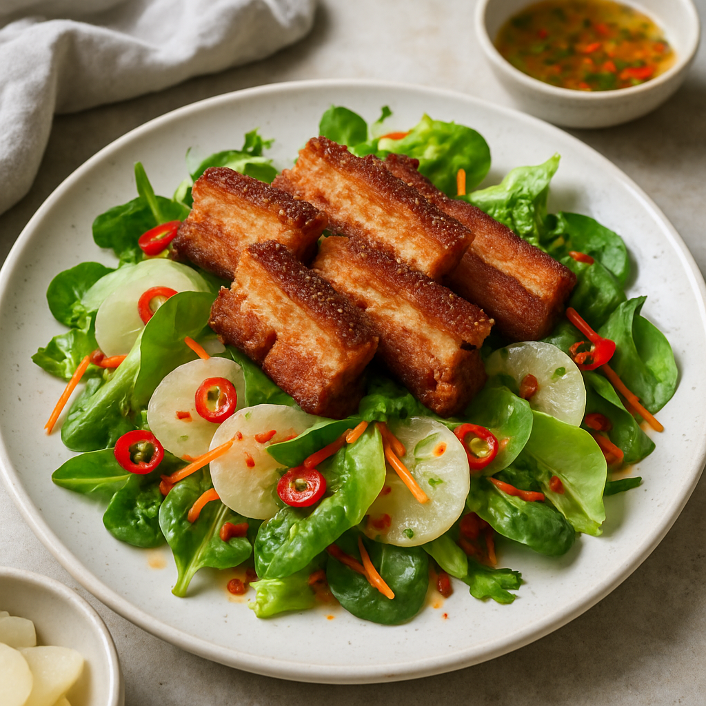 Crispy Five-Spice Pork Belly Salad with Pickled Mooli and Chilli Lime Dressing
