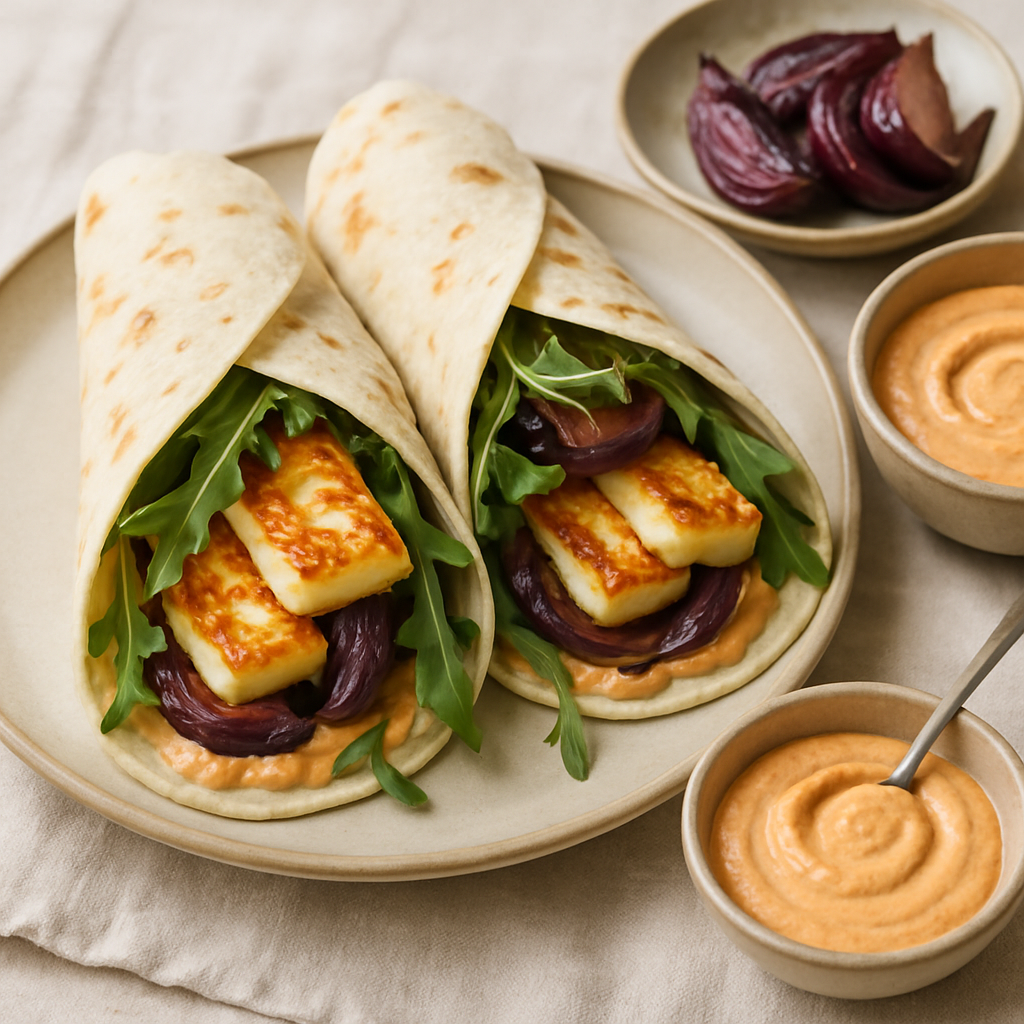Crispy Halloumi Wraps with Roasted Red Onion, Rocket and Harissa Yoghurt