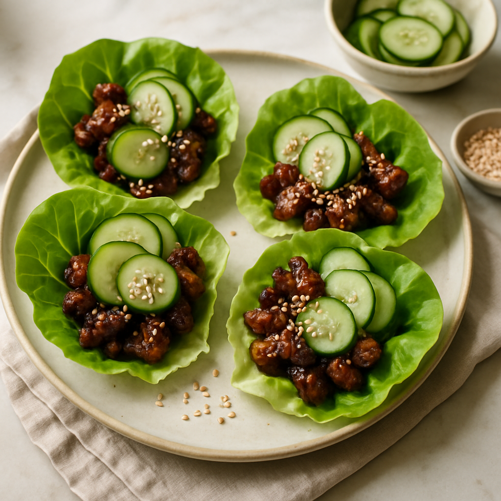 Crispy Hoisin Pork Lettuce Cups with Pickled Cucumber and Toasted Sesame