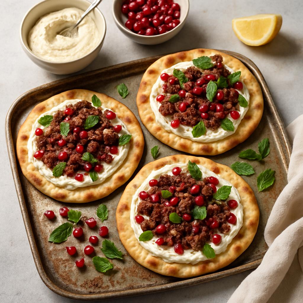 Crispy Lamb Flatbreads with Whipped Feta, Pomegranate and Mint