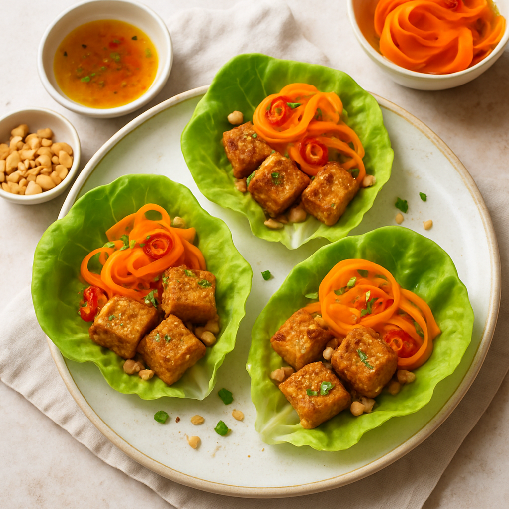 Crispy Peanut Tofu Lettuce Cups with Pickled Carrot and Chilli Lime Dressing