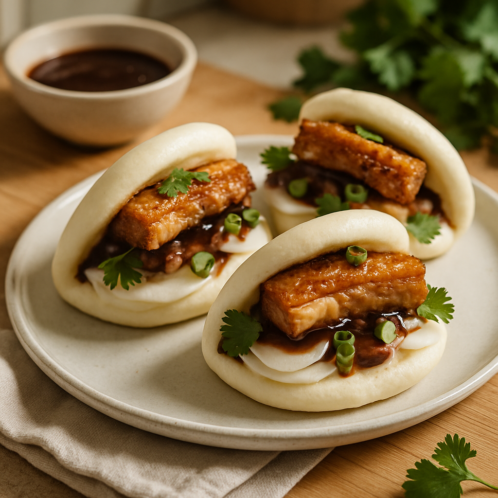 Crispy Pork Belly Baos with Pickled Daikon and Hoisin