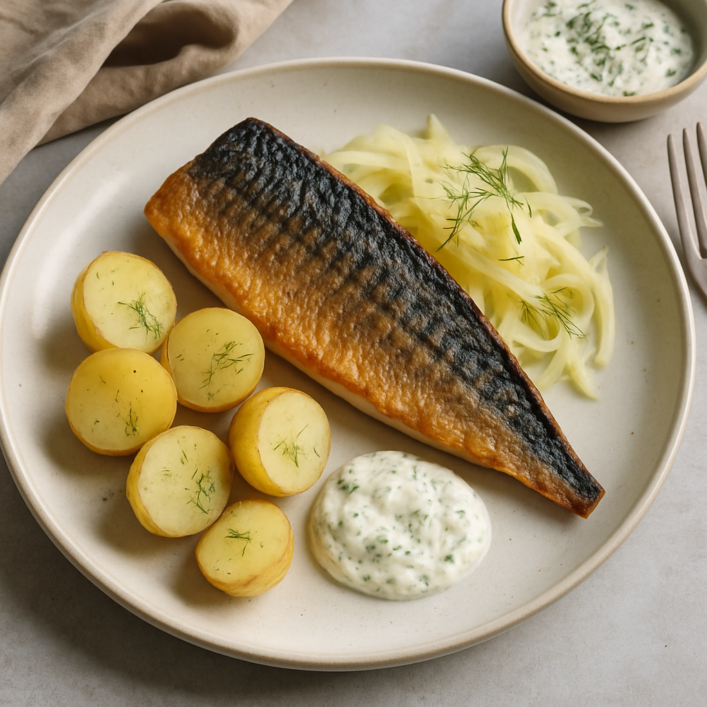Crispy Skin Mackerel with Pickled Fennel, New Potatoes and Dill Crème Fraîche