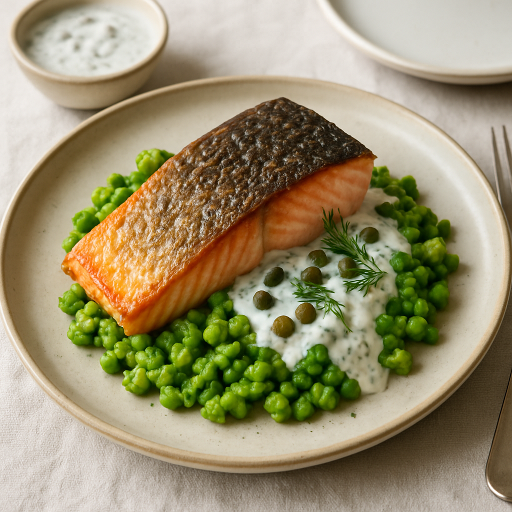Crispy Skin Salmon with Crushed Peas, Capers and Dill Crème Fraîche