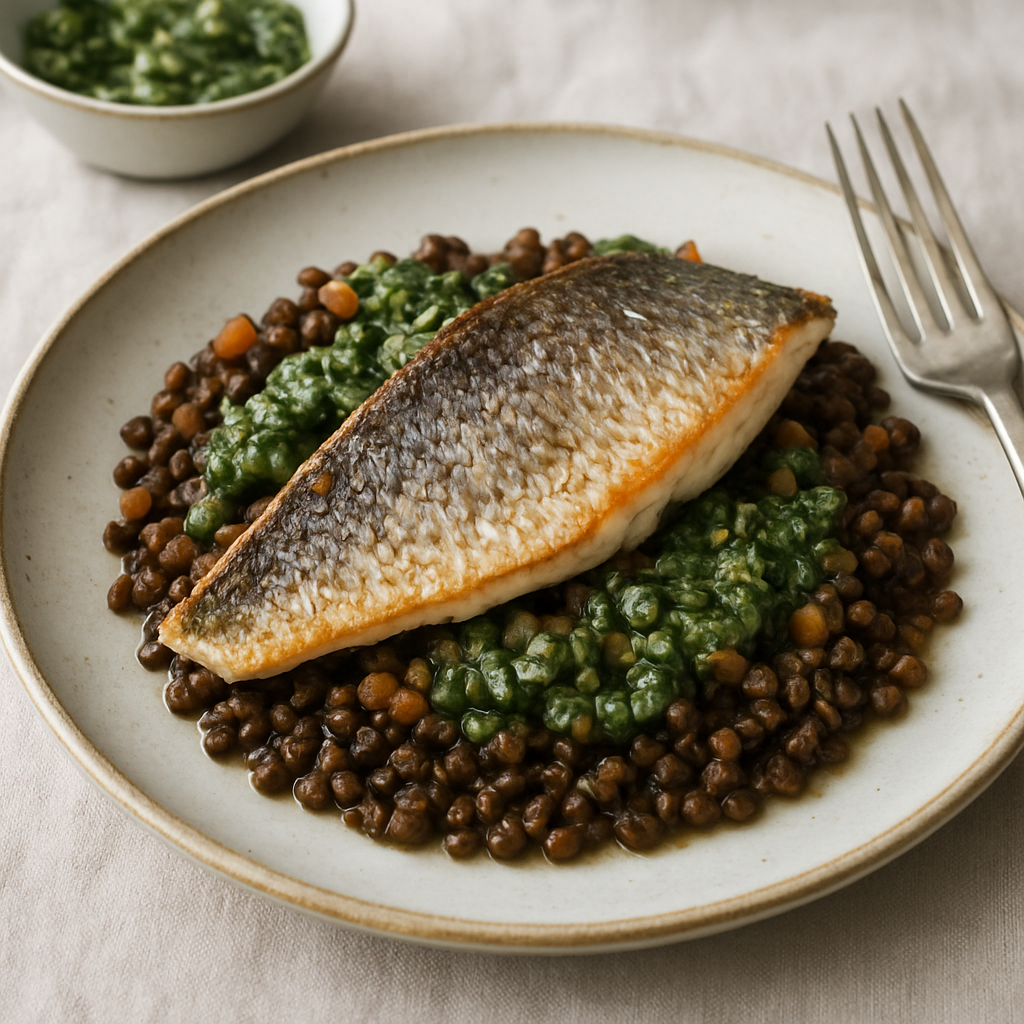 Crispy Skin Sea Bass with Warm Puy Lentils and Salsa Verde