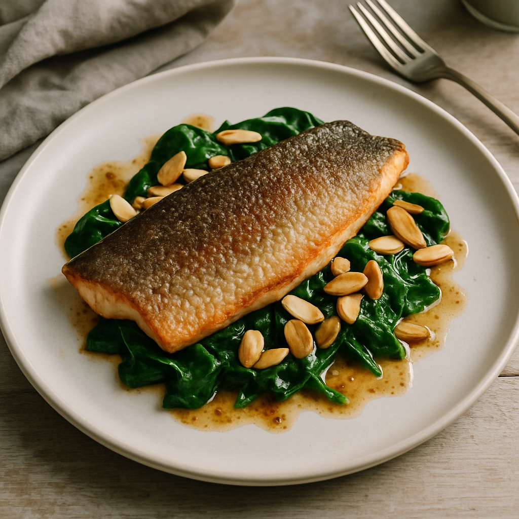 Crispy Skin Trout with Brown Butter, Almonds and Wilted Spinach