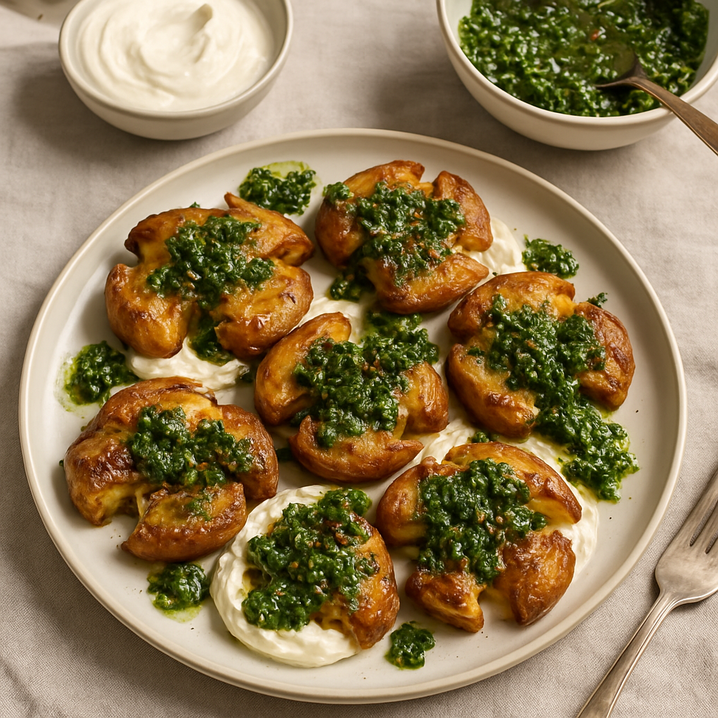 Crispy Smashed Potatoes with Whipped Feta and Chimichurri