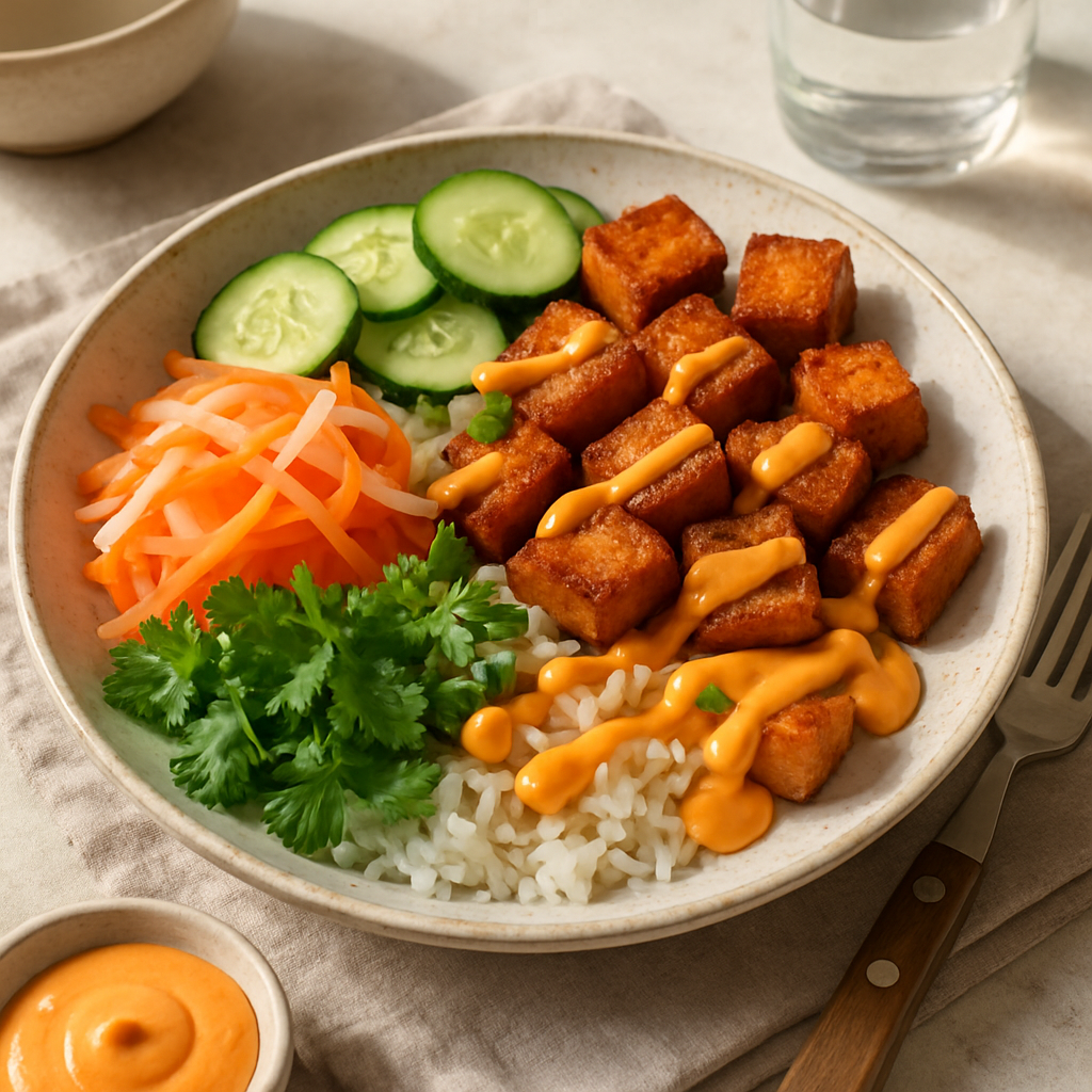 Crispy Tofu Banh Mi Bowl with Pickled Vegetables and Sriracha Mayo