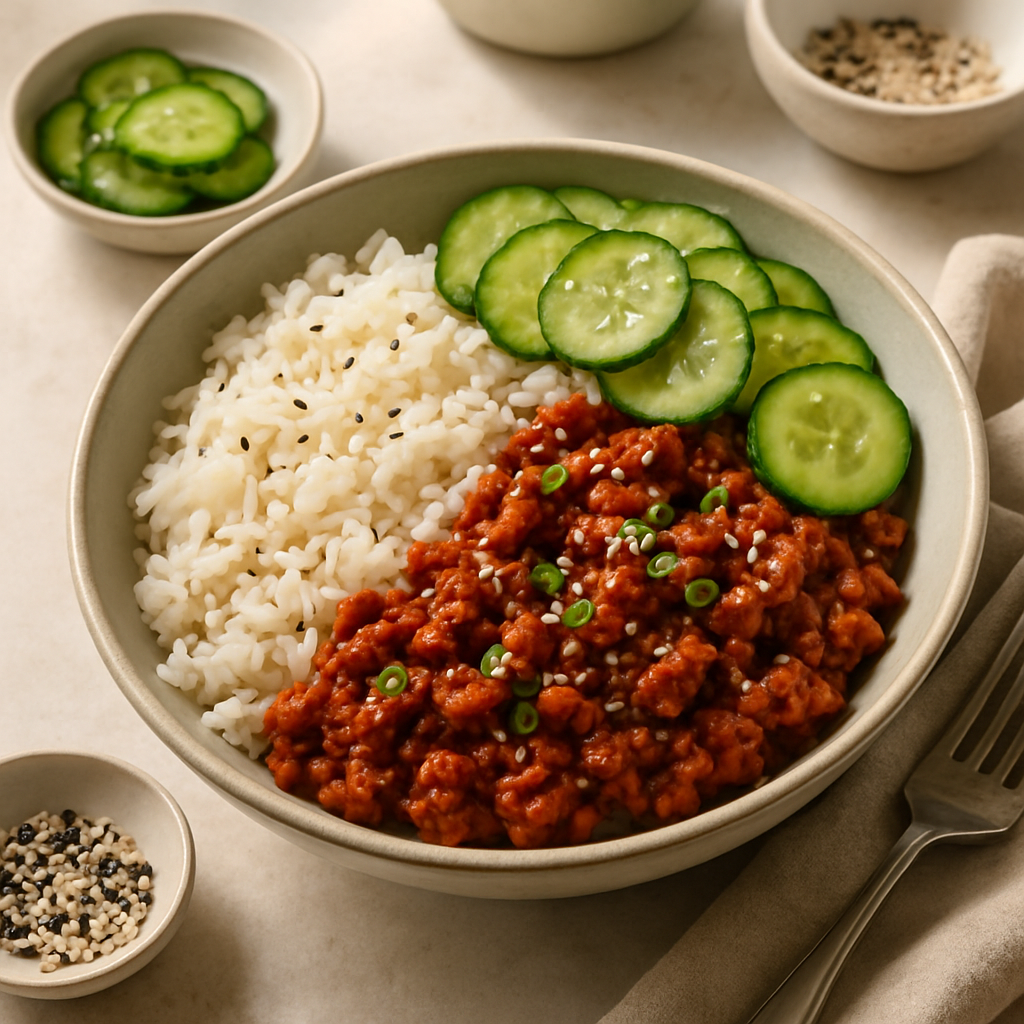 Gochujang Beef Rice Bowl with Pickled Cucumber and Sesame