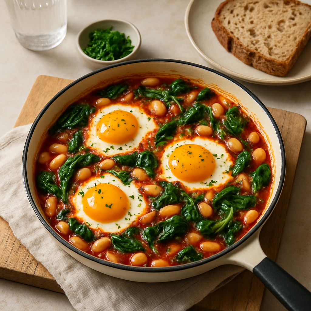 Harissa Baked Eggs with White Beans and Spinach