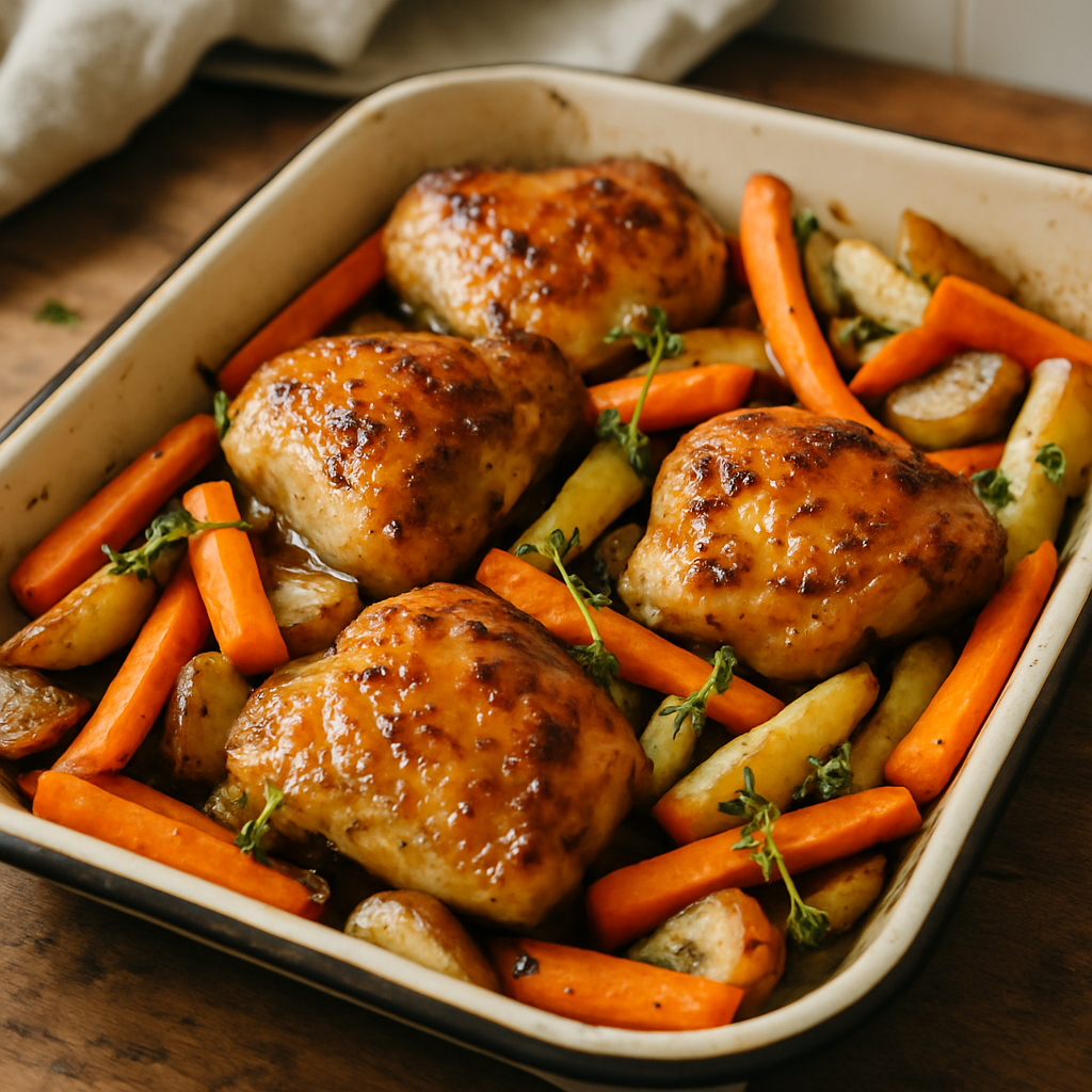 Honey and Mustard Roasted Chicken Thighs with Root Vegetables and Thyme