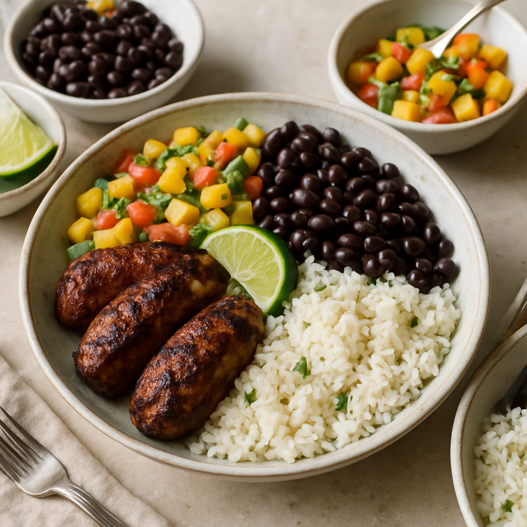 Jerk Chicken Bowls with Coconut Rice, Black Beans and Mango Salsa