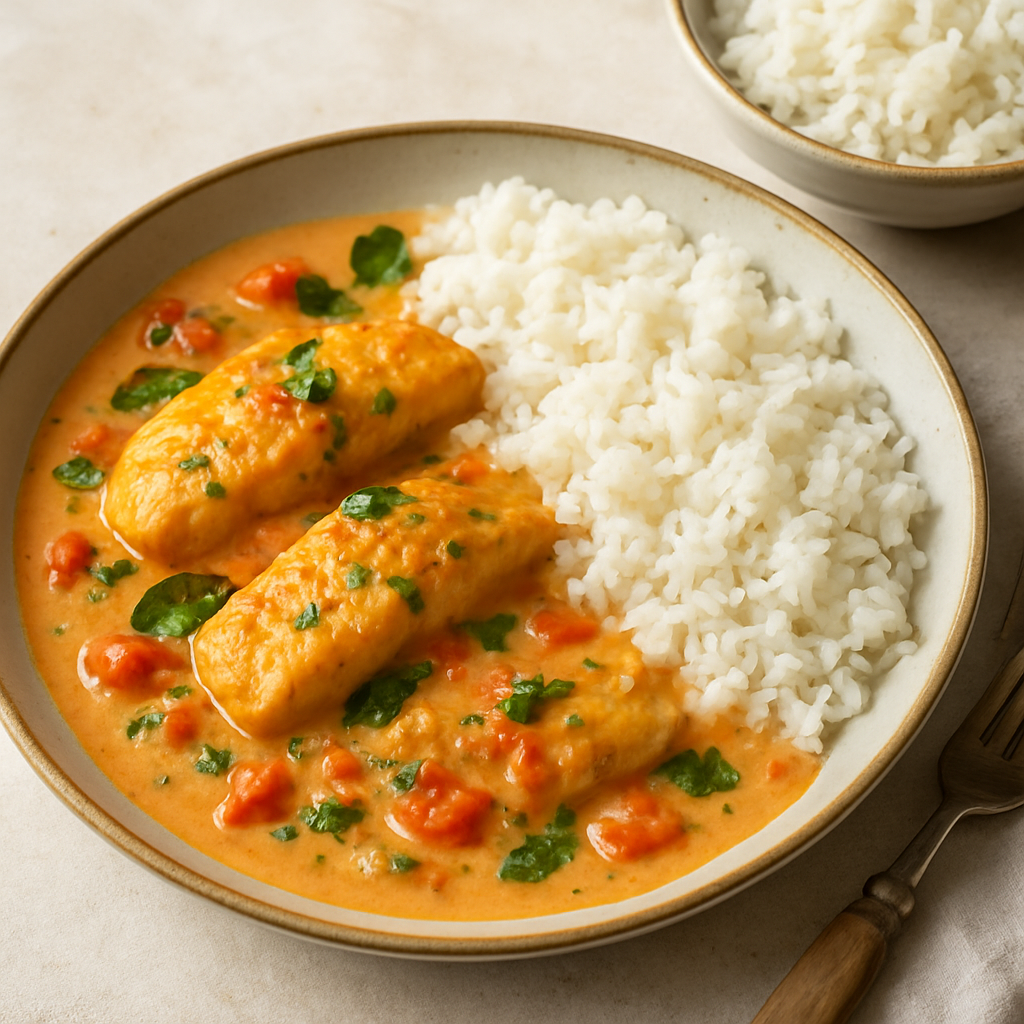 Keralan Fish Curry with Coconut Milk, Tomatoes and Steamed Rice