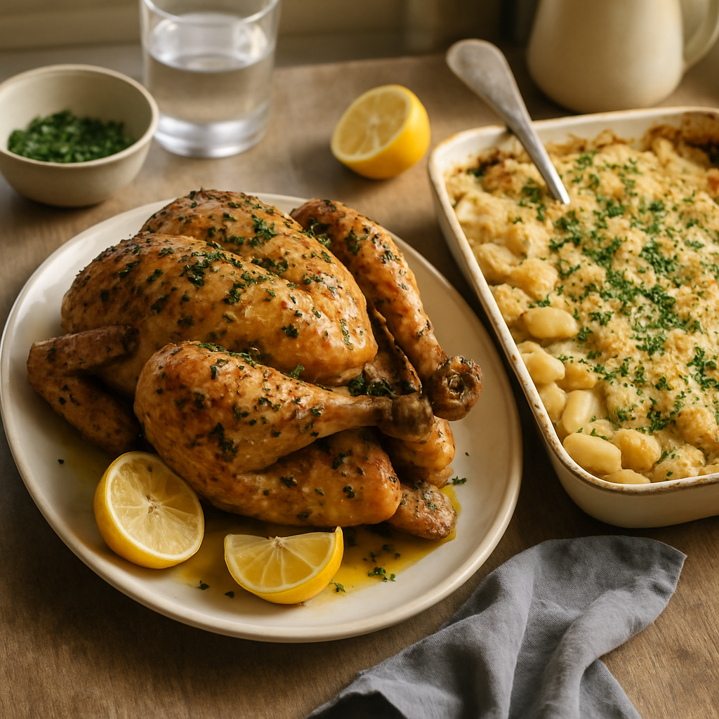 Lemon and Herb Roasted Chicken with Butter Bean Gratin