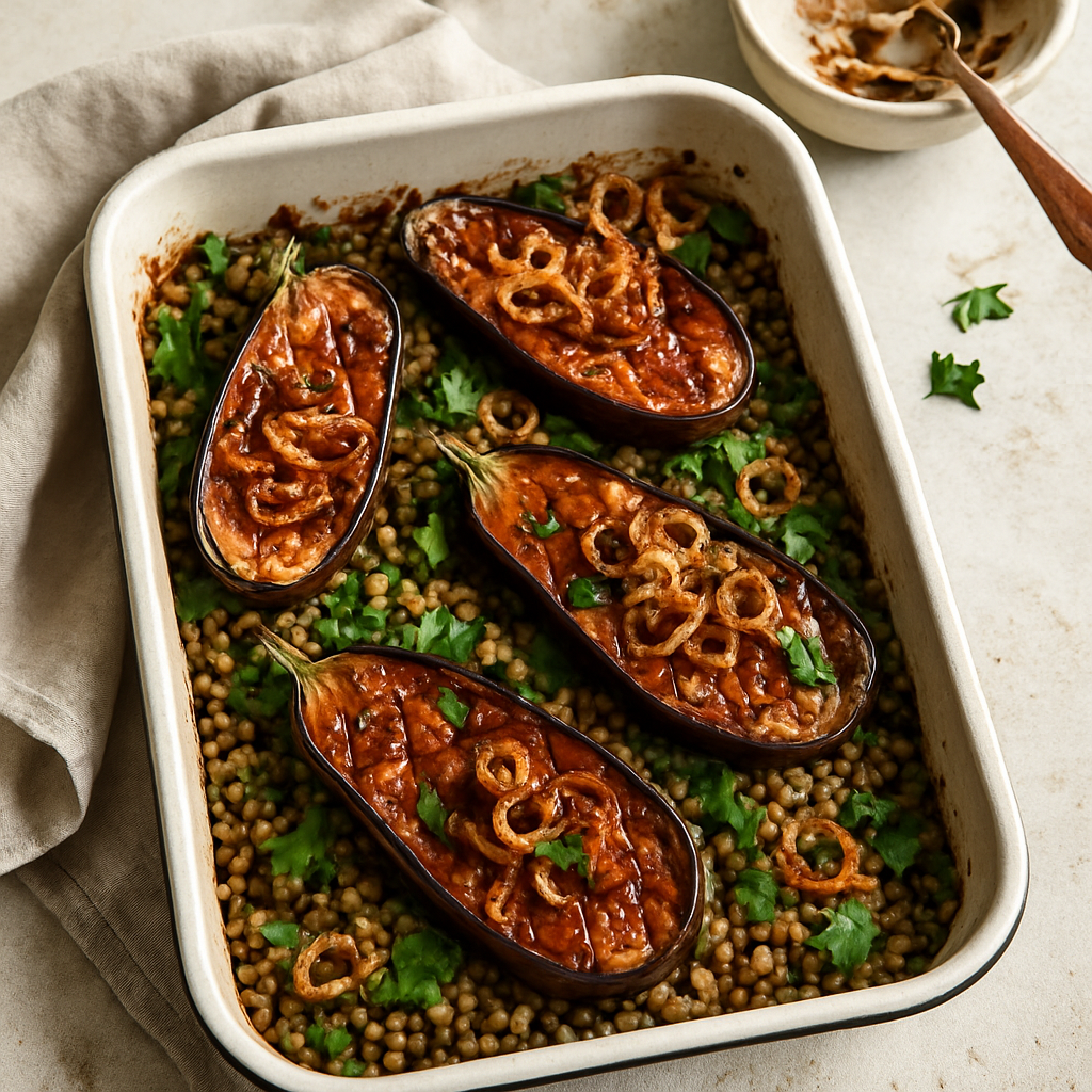 Miso-Glazed Aubergine and Lentil Traybake with Crispy Shallots