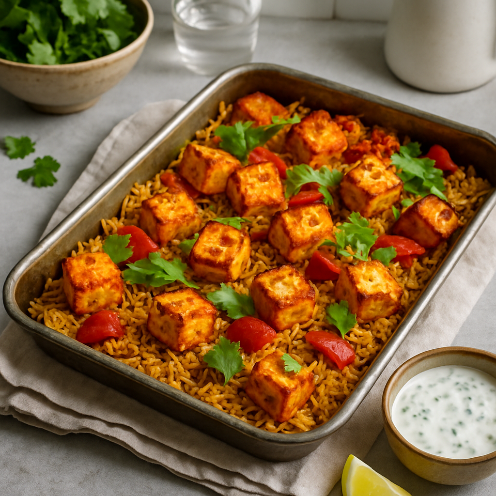 Paneer Tikka Traybake with Spiced Rice and Minted Raita