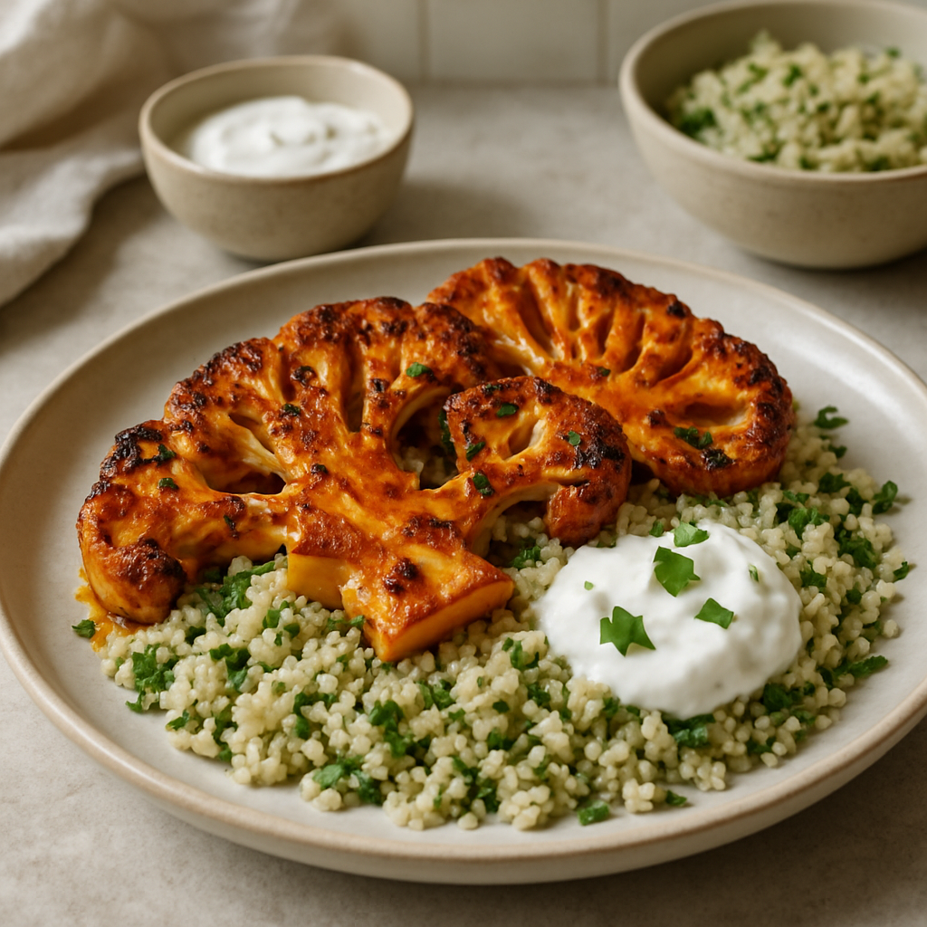 Peri-Peri Roasted Cauliflower Steaks with Herbed Couscous and Yoghurt