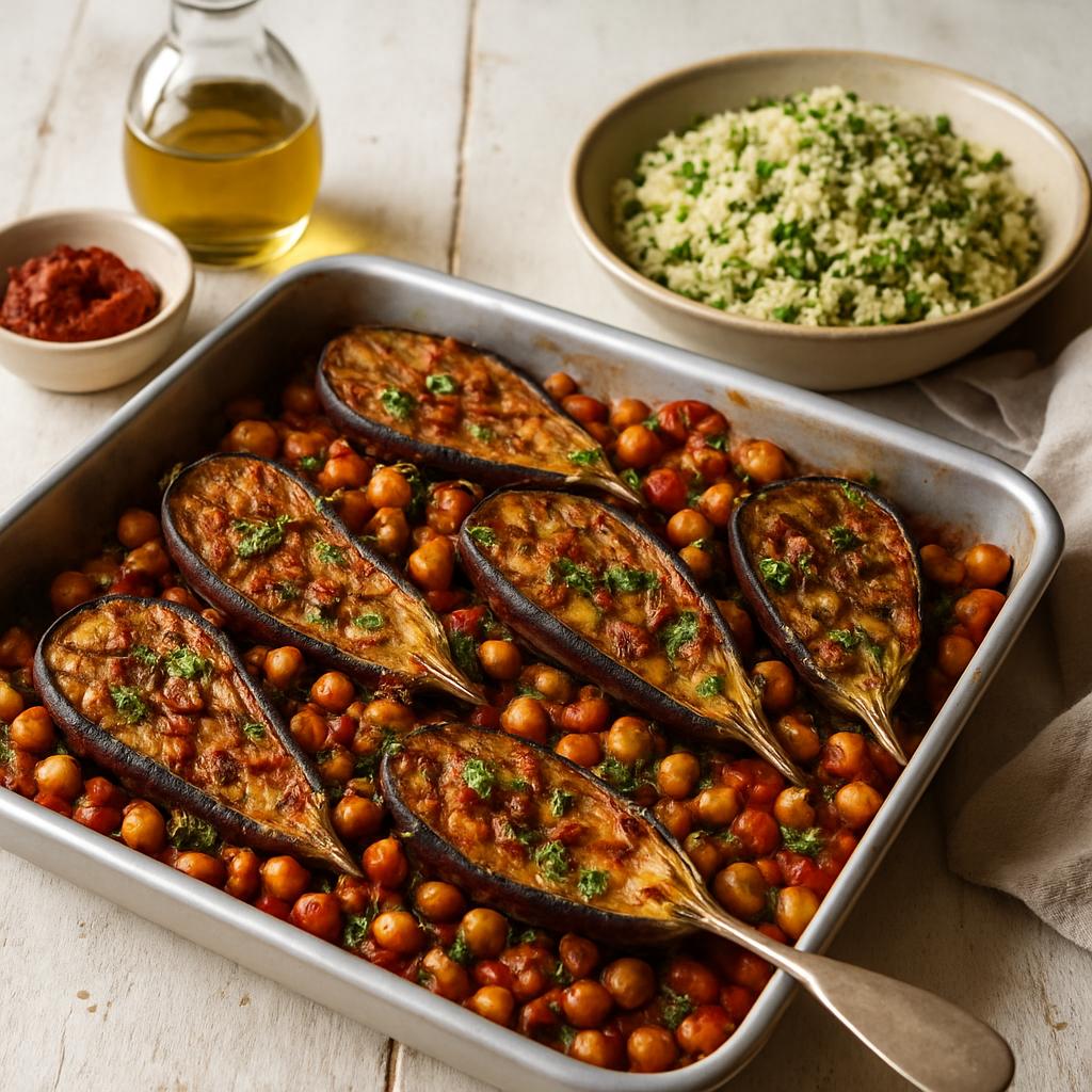 Roasted Aubergine and Chickpea Traybake with Harissa and Herbed Couscous
