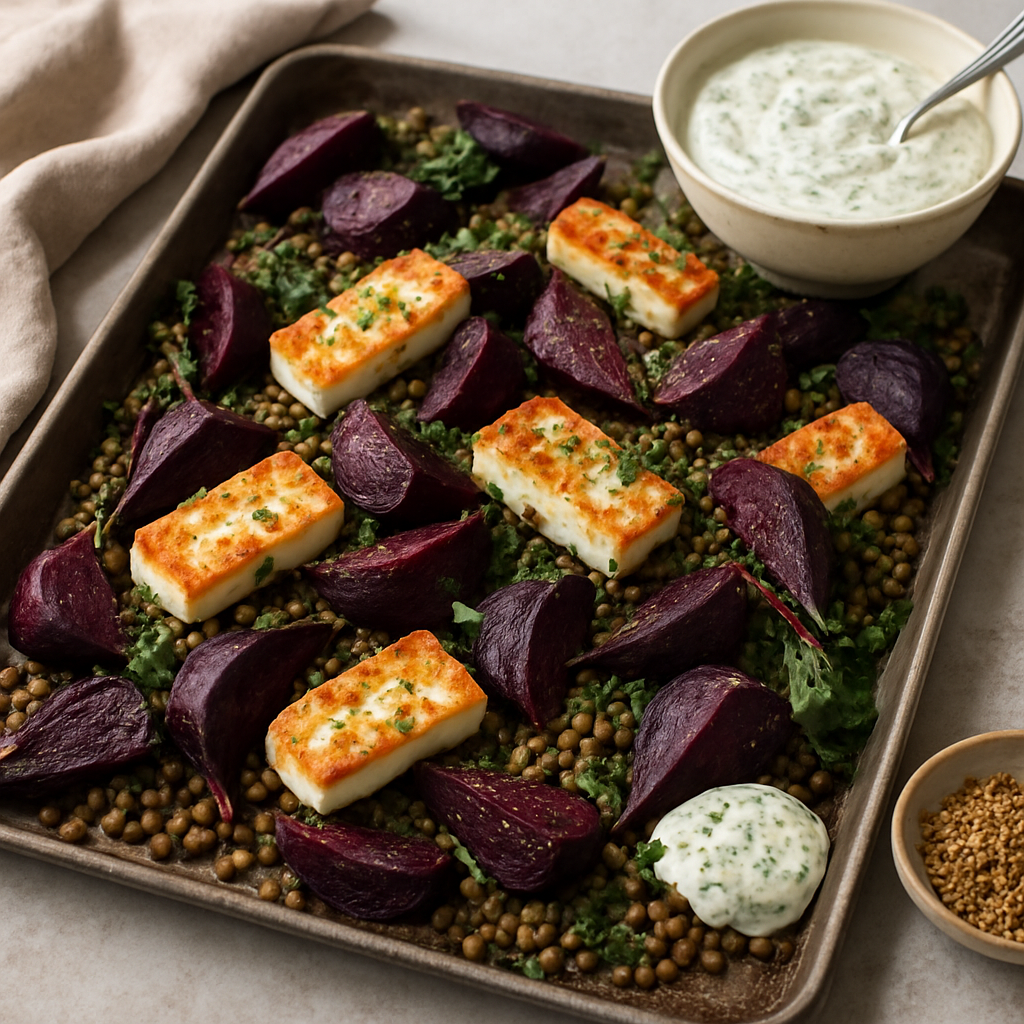 Roasted Beetroot, Lentil and Halloumi Traybake with Herbed Yoghurt and Dukkah