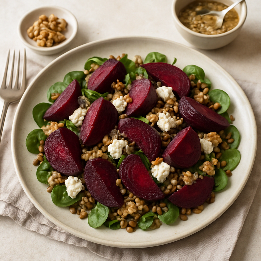 Roasted Beetroot and Lentil Salad with Goat's Cheese and Walnut Dressing