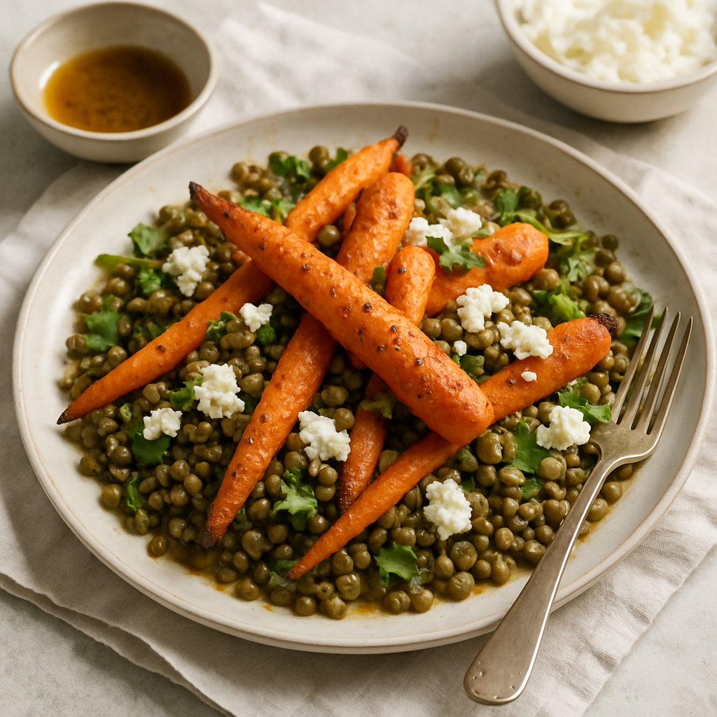 Roasted Carrot and Lentil Salad with Cumin Dressing and Crumbled Feta