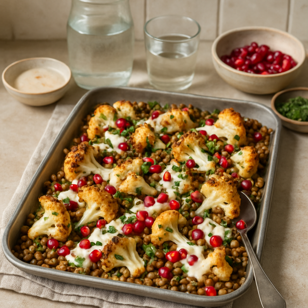 Roasted Cauliflower and Lentil Traybake with Tahini and Pomegranate