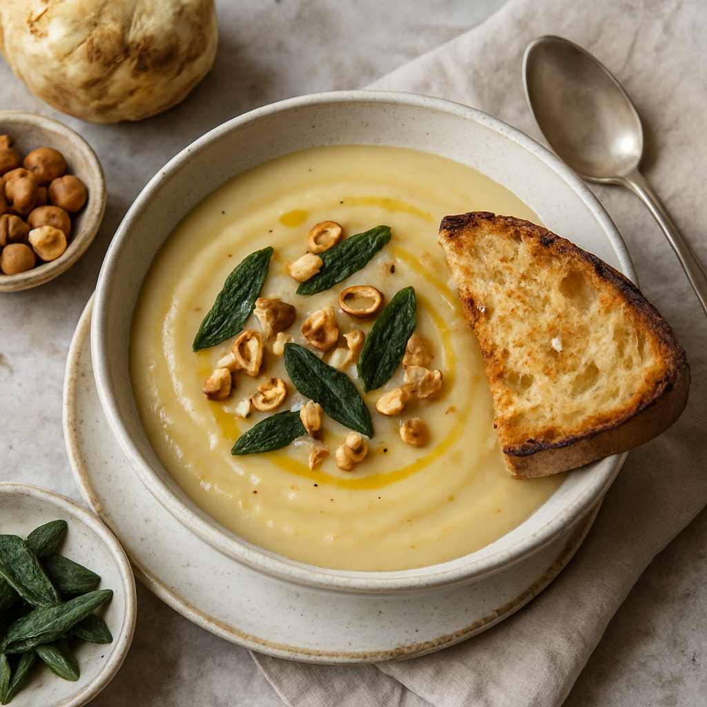 Roasted Celeriac and Hazelnut Soup with Crispy Sage and Sourdough