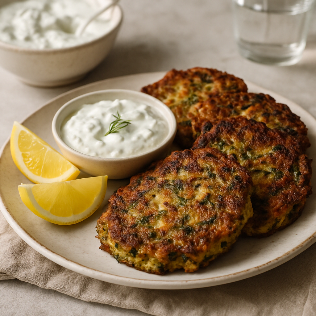 Roasted Courgette and Feta Fritters with Tzatziki and Lemon