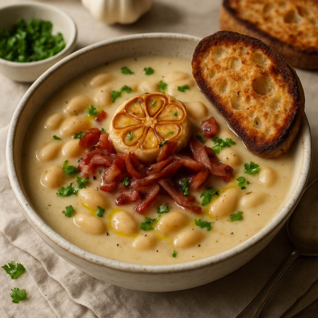 Roasted Garlic and White Bean Soup with Crispy Pancetta and Sourdough