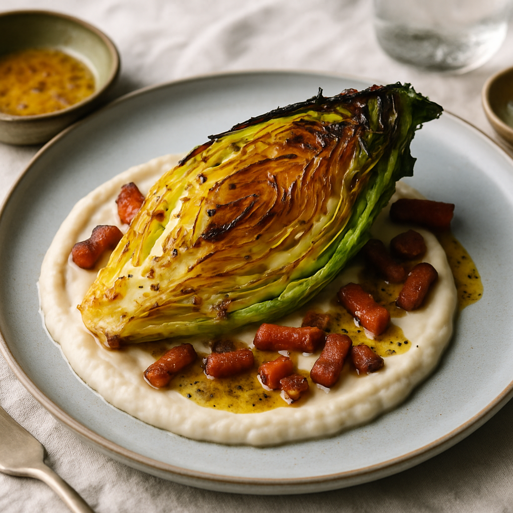 Roasted Hispi Cabbage with White Bean Purée, Crispy Lardons and Mustard Dressing