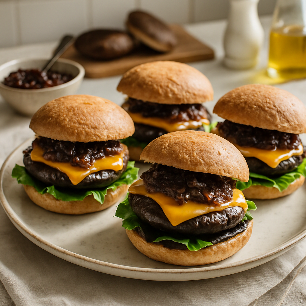 Roasted Portobello Mushroom Burgers with Smoked Cheddar and Caramelised Onion Relish