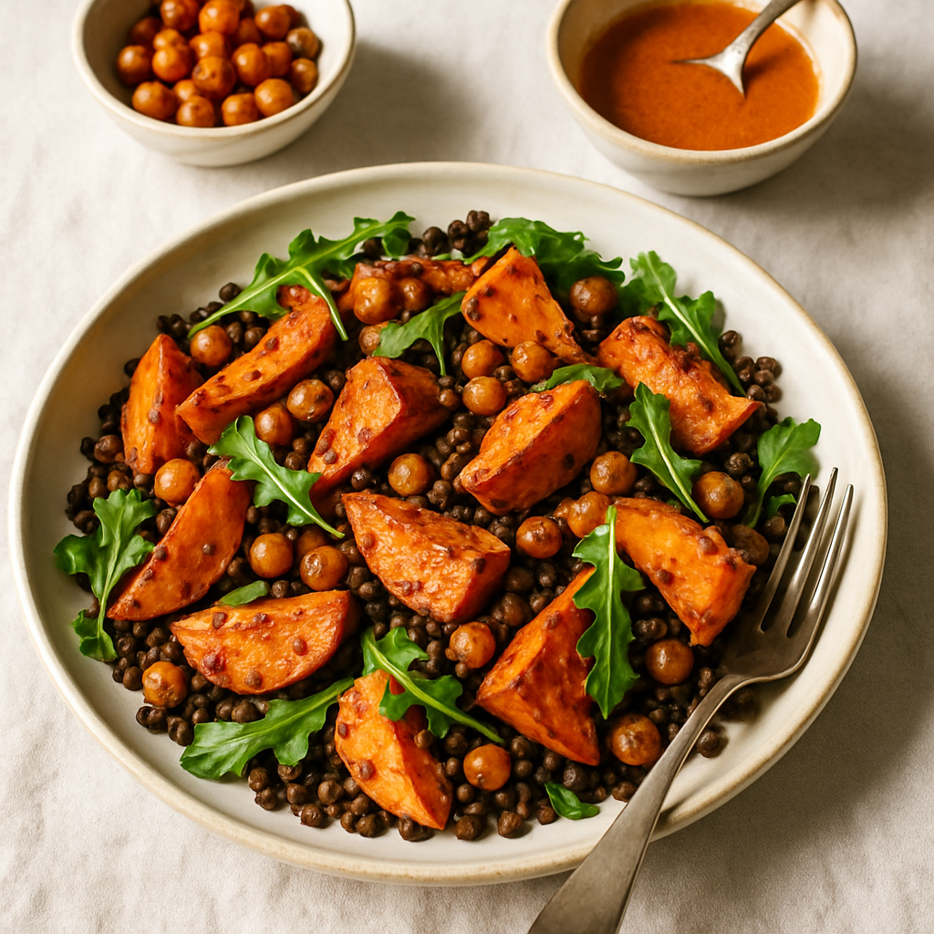 Roasted Sweet Potato and Black Lentil Salad with Smoked Paprika Dressing and Crispy Chickpeas