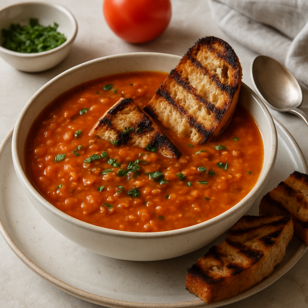 Roasted Tomato and Lentil Soup with Grilled Sourdough Croutons
