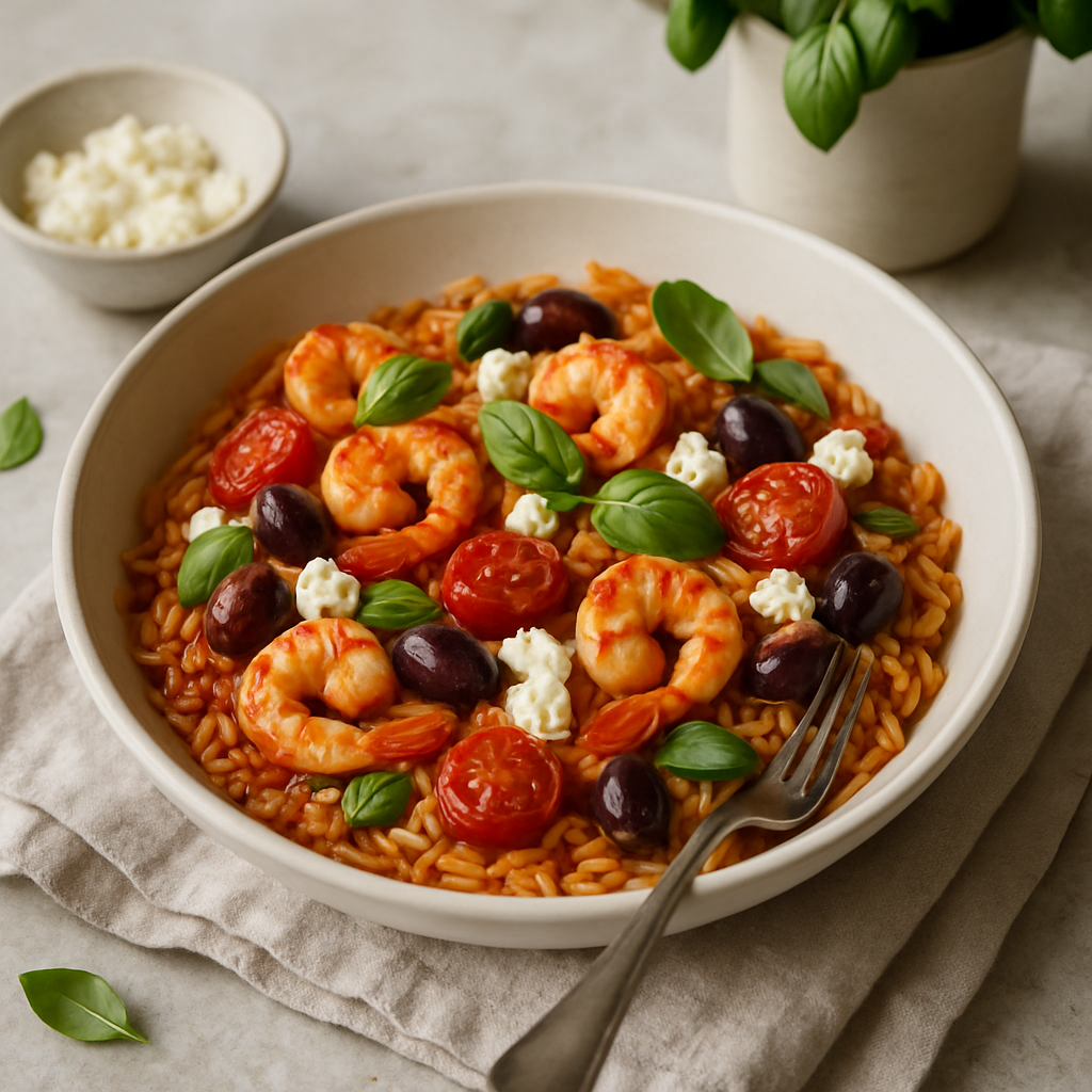Roasted Tomato and Prawn Orzo with Feta, Olives and Fresh Basil