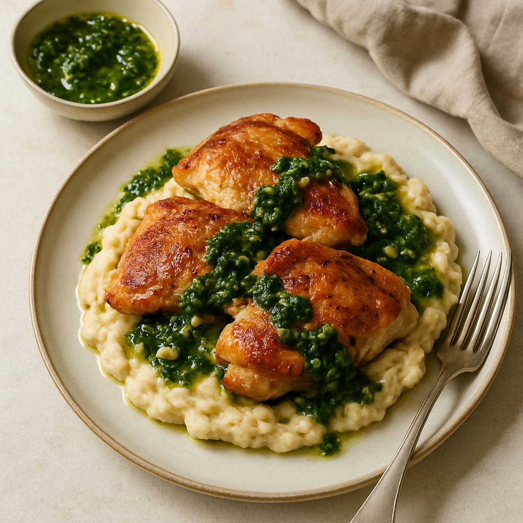 Seared Chicken Thighs with White Bean Mash and Salsa Verde